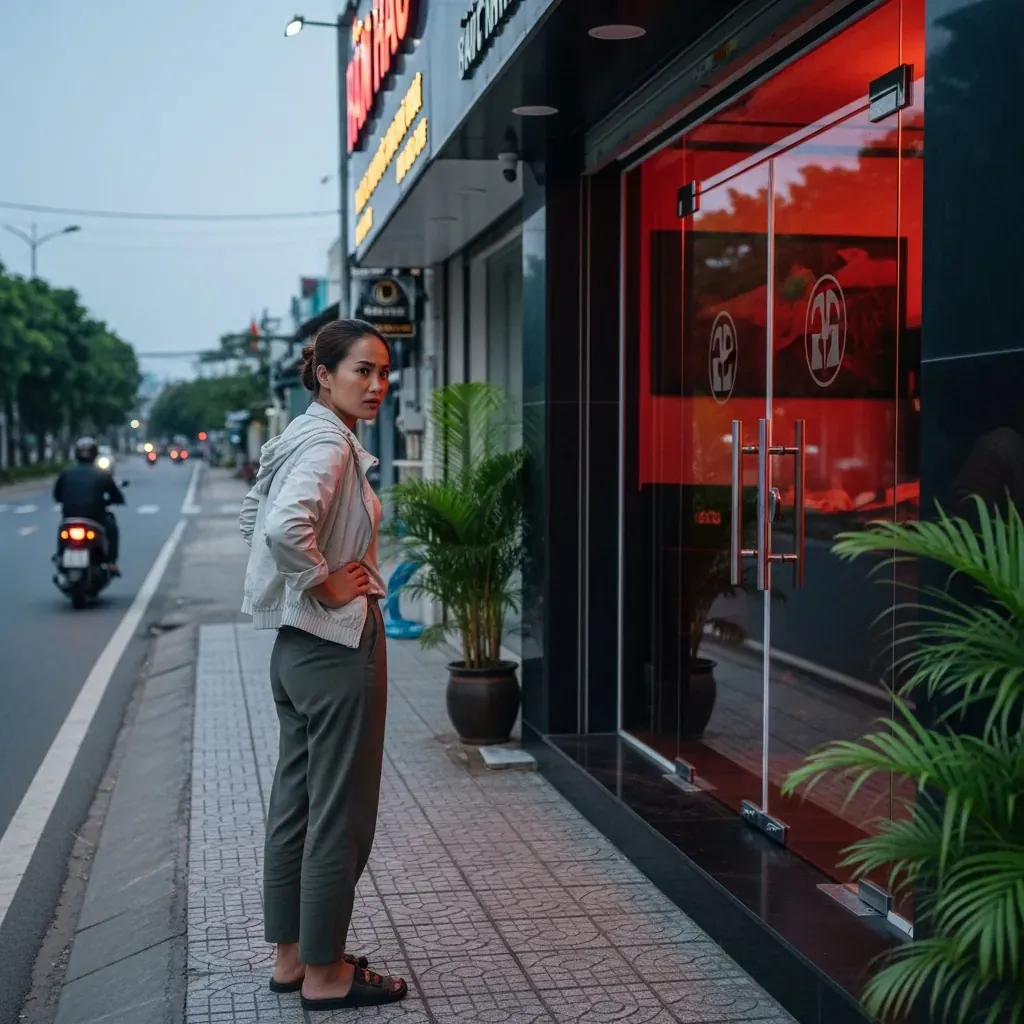 Người phụ nữ Việt Nam đứng ngoài cơ sở massage có dấu hiệu không minh bạch và quyết định rời đi.