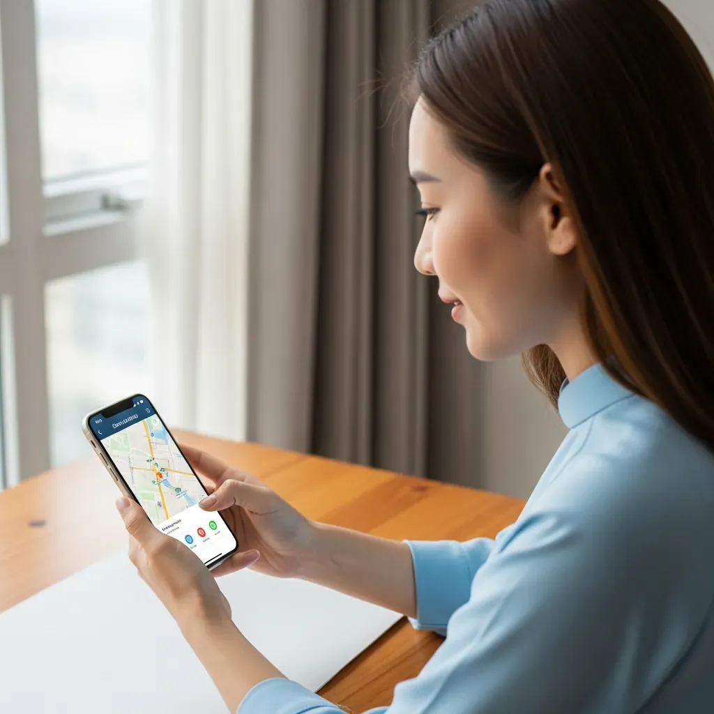 Người phụ nữ Việt Nam ngồi tại bàn kiểm tra bản đồ trên điện thoại trước khi đặt lịch massage khiếm thị.