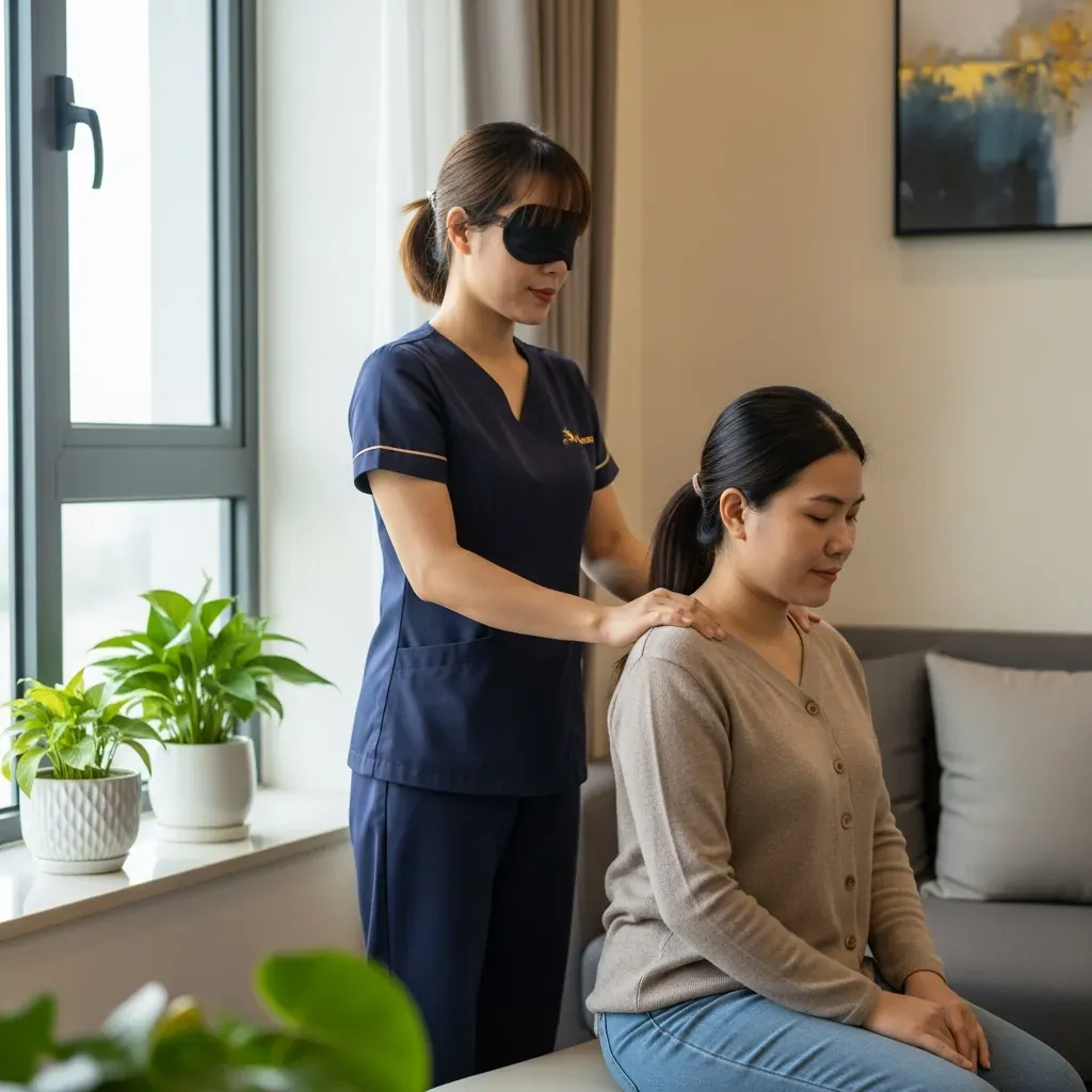 Nữ kỹ thuật viên khiếm thị đang massage vai cho khách nữ tại phòng khách căn hộ Việt Nam.