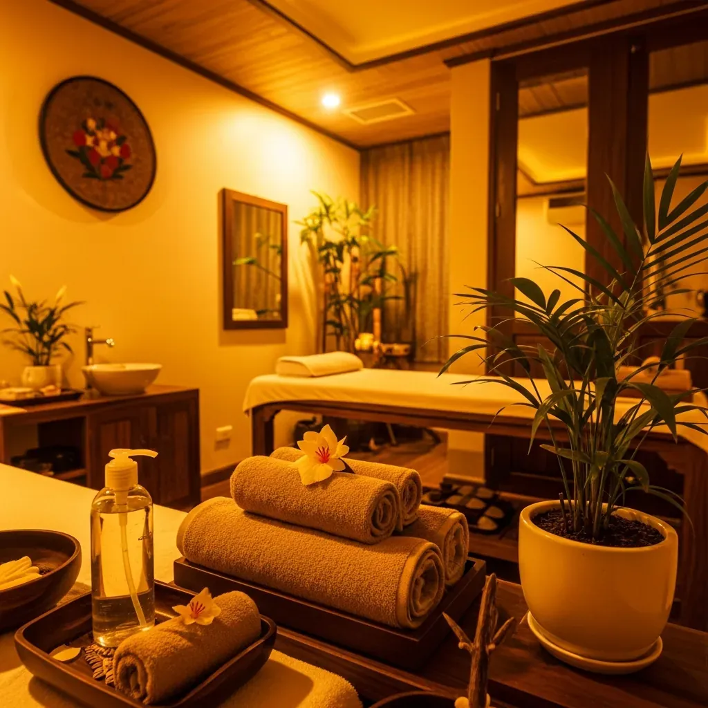 Không gian phòng trị liệu spa ấm cúng với khăn và gel massage