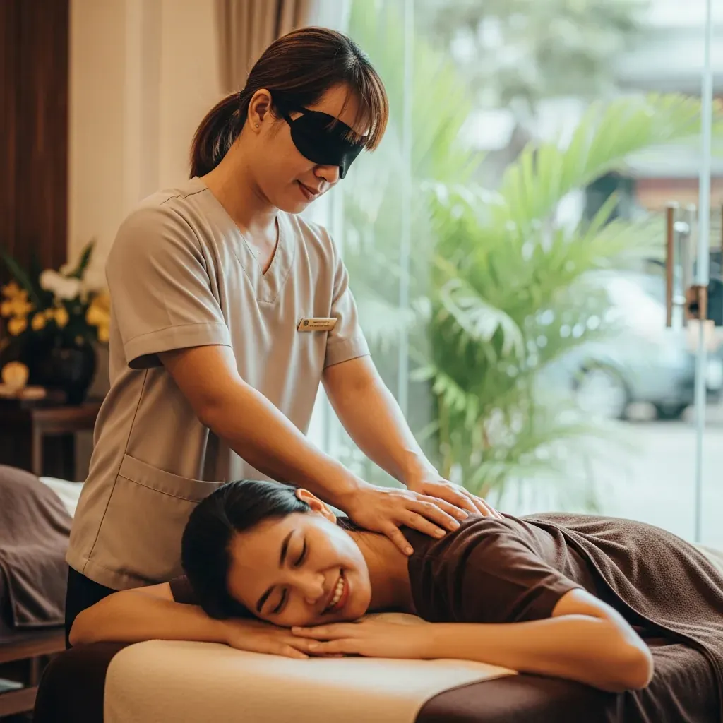 Kỹ thuật viên khiếm thị tại King Blind Massage đang trị liệu cho khách