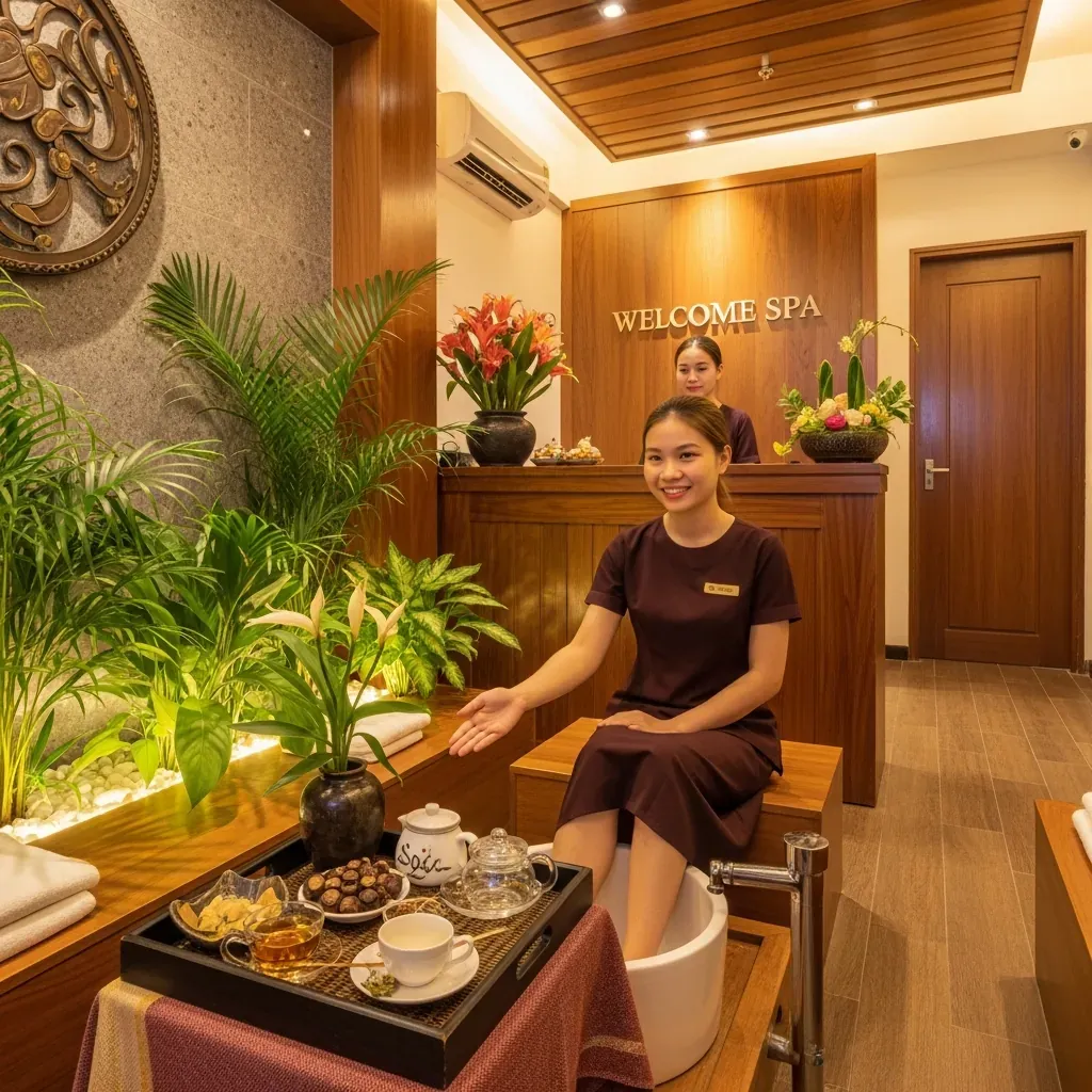 Quầy lễ tân Rora Spa Nha Trang với khay trà chào mừng và nhân viên thân thiện