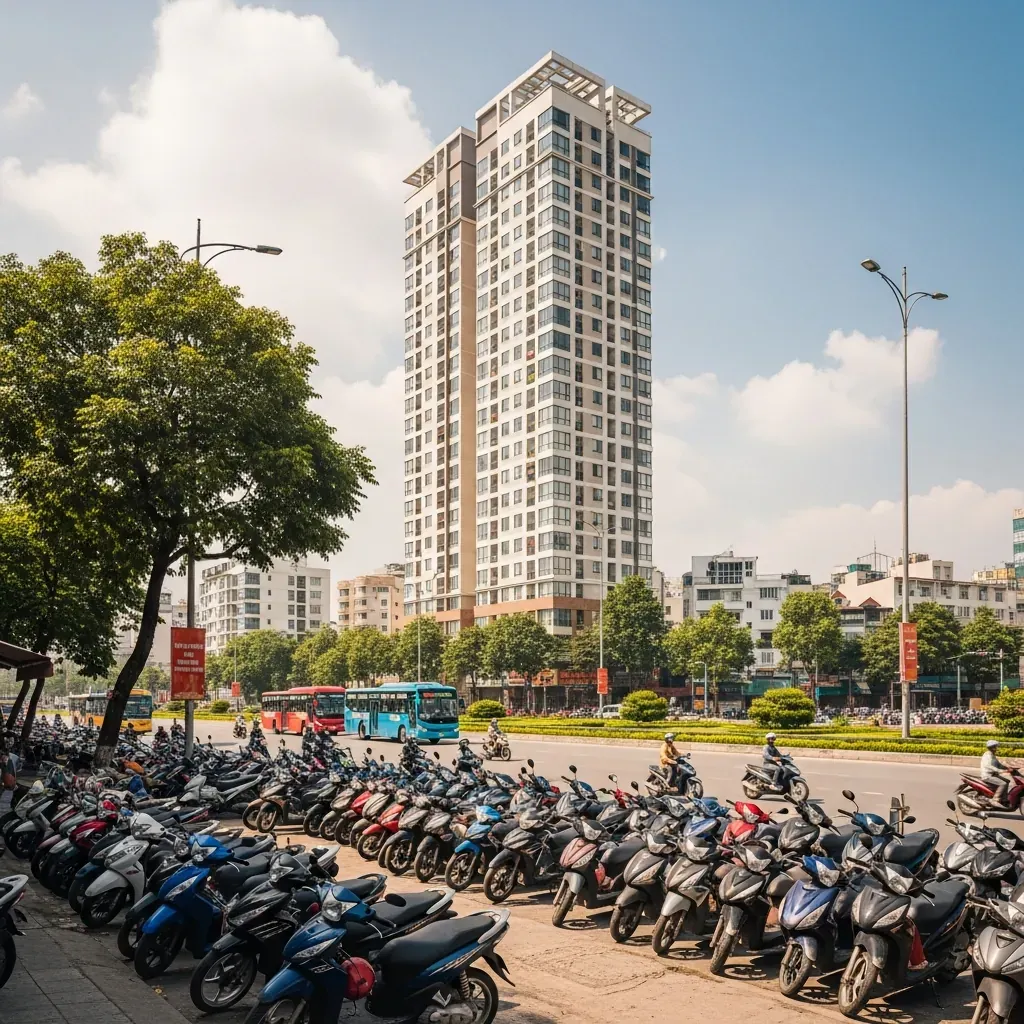 Cảnh đường đi và khu đỗ xe quanh tòa nhà ở Linh Đàm