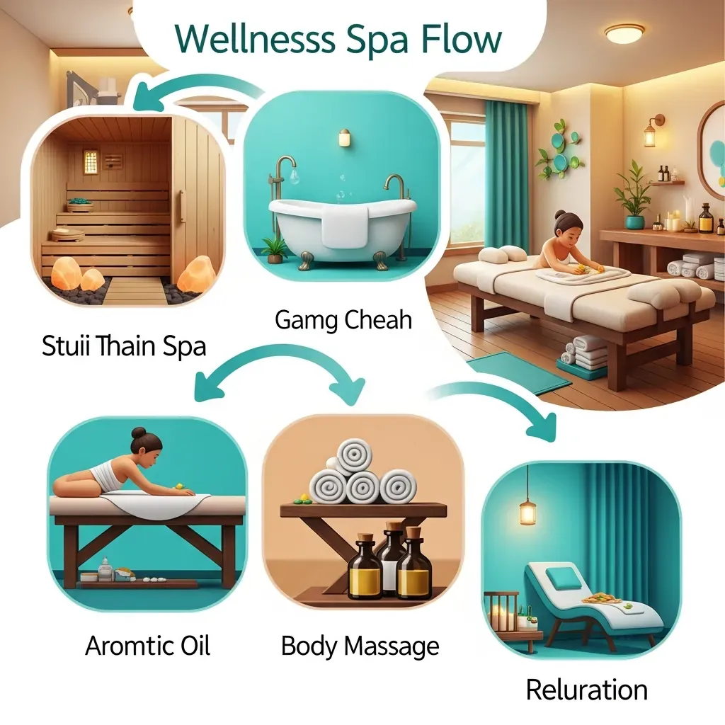 Sơ đồ năm bước của một buổi trị liệu spa từ xông hơi đến thư giãn