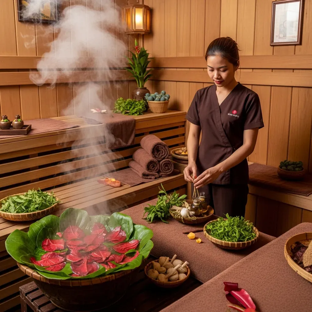 Phòng xông hơi thảo dược lá Dao đỏ tại spa Flowers Hạ Long