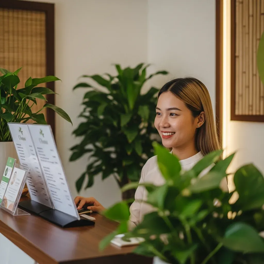 Khách hàng người Việt tham khảo dịch vụ và giá tại quầy lễ tân spa ở Quảng Yên