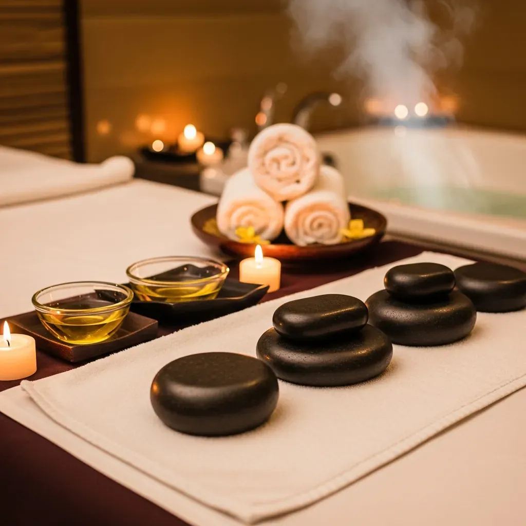 Bộ đá nóng và dụng cụ massage body tại spa trị liệu