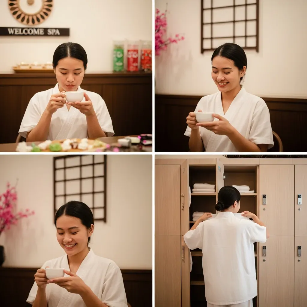 Khách người Việt thưởng trà chờ trước khi vào buổi trị liệu đầu tiên tại spa