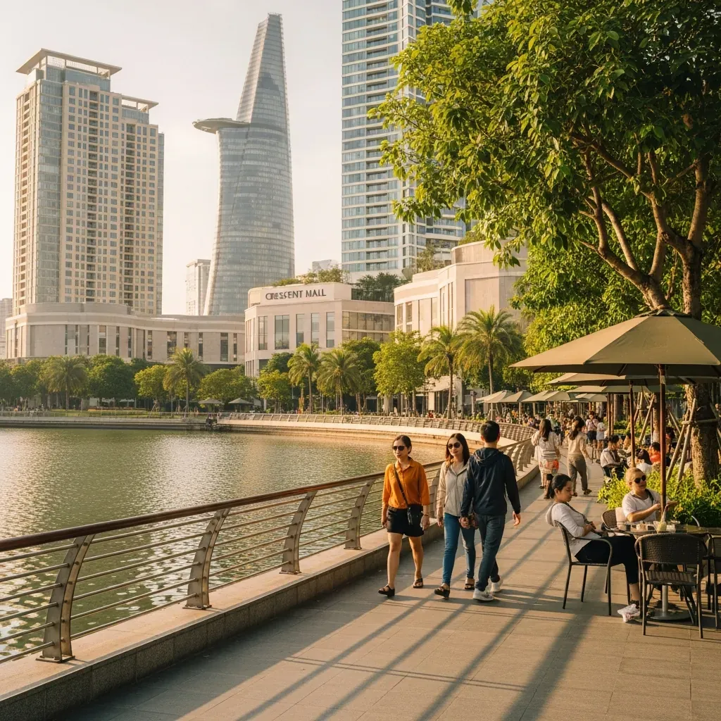 Khung cảnh khu Crescent Mall và Hồ Bán Nguyệt Phú Mỹ Hưng buổi chiều