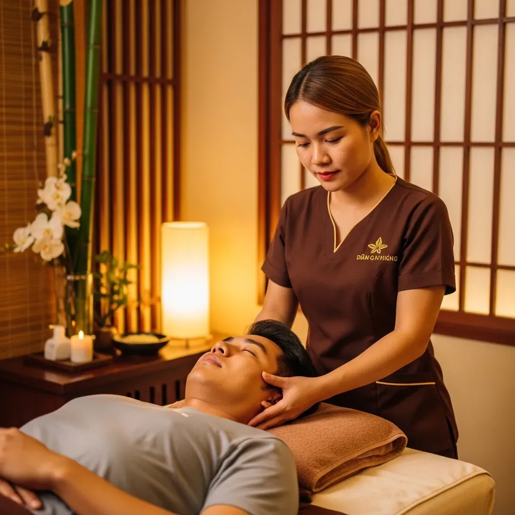 Kỹ thuật viên người Việt massage vai gáy cho khách tại spa trị liệu kiểu Nhật ở Quận 7