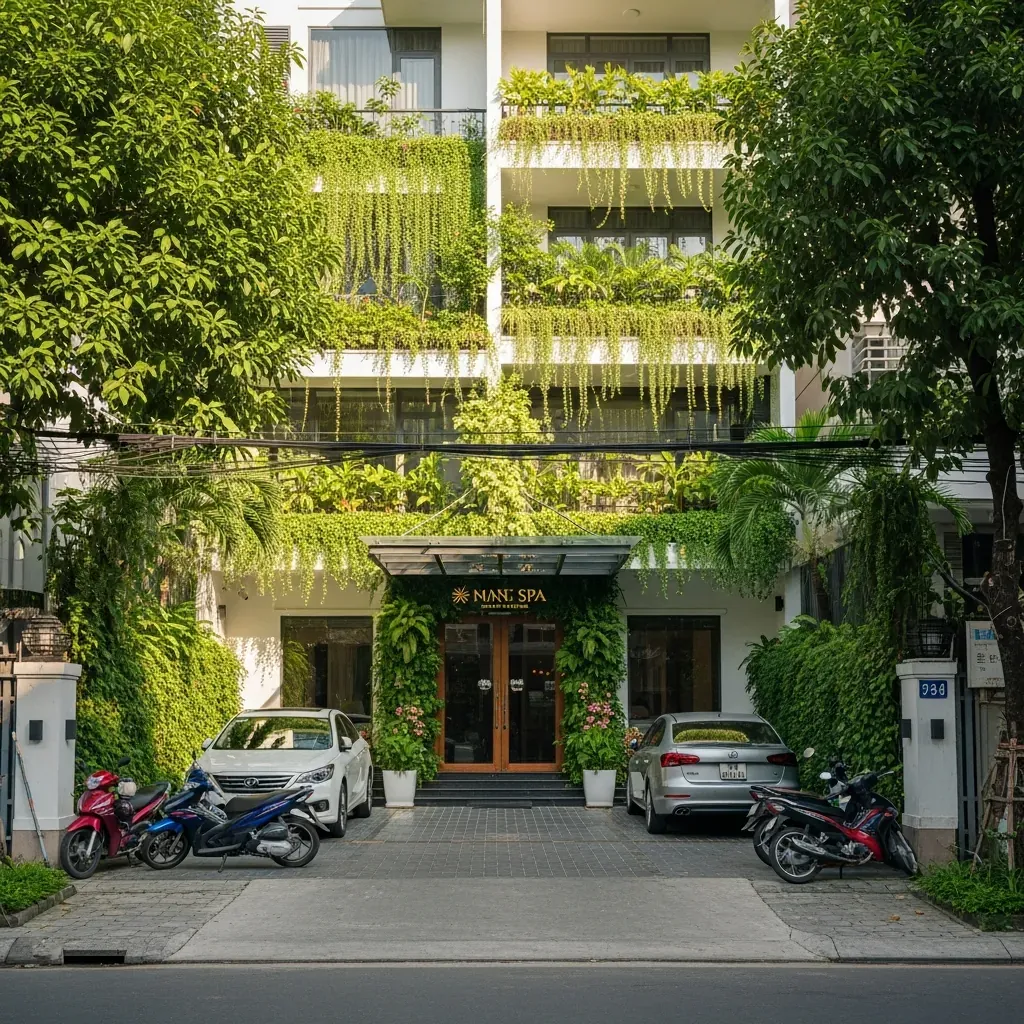 Mặt tiền spa hiện đại trong khu đô thị Phú Mỹ Hưng Quận 7 với chỗ đỗ xe