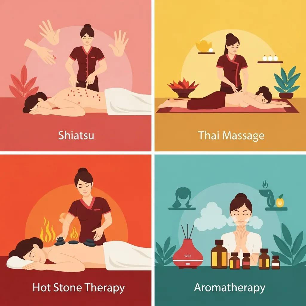 Minh họa so sánh các loại massage Shiatsu, Thái, đá nóng và tinh dầu