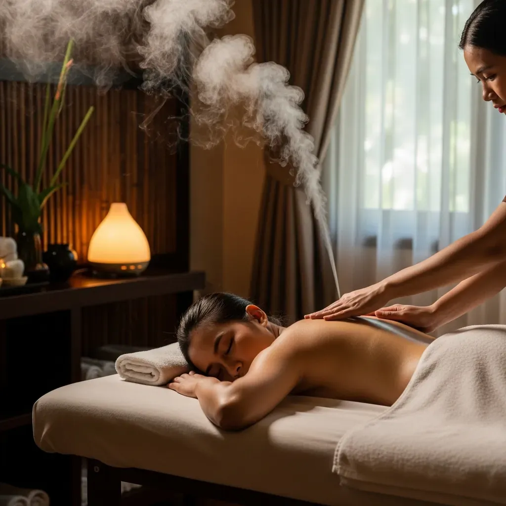 Cảnh trong phòng massage với ánh sáng ấm, khách nữ nằm sấp được kỹ thuật viên massage lưng.