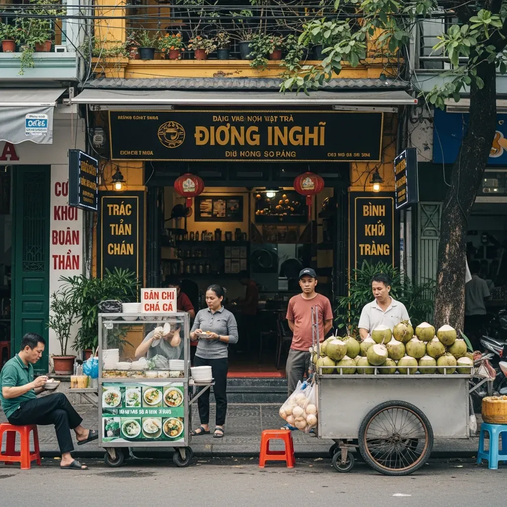 Đường Dương Đình Nghệ sầm uất với quán cà phê hoài cổ, xe nước mía và quán ăn ven đường, khách địa phương.