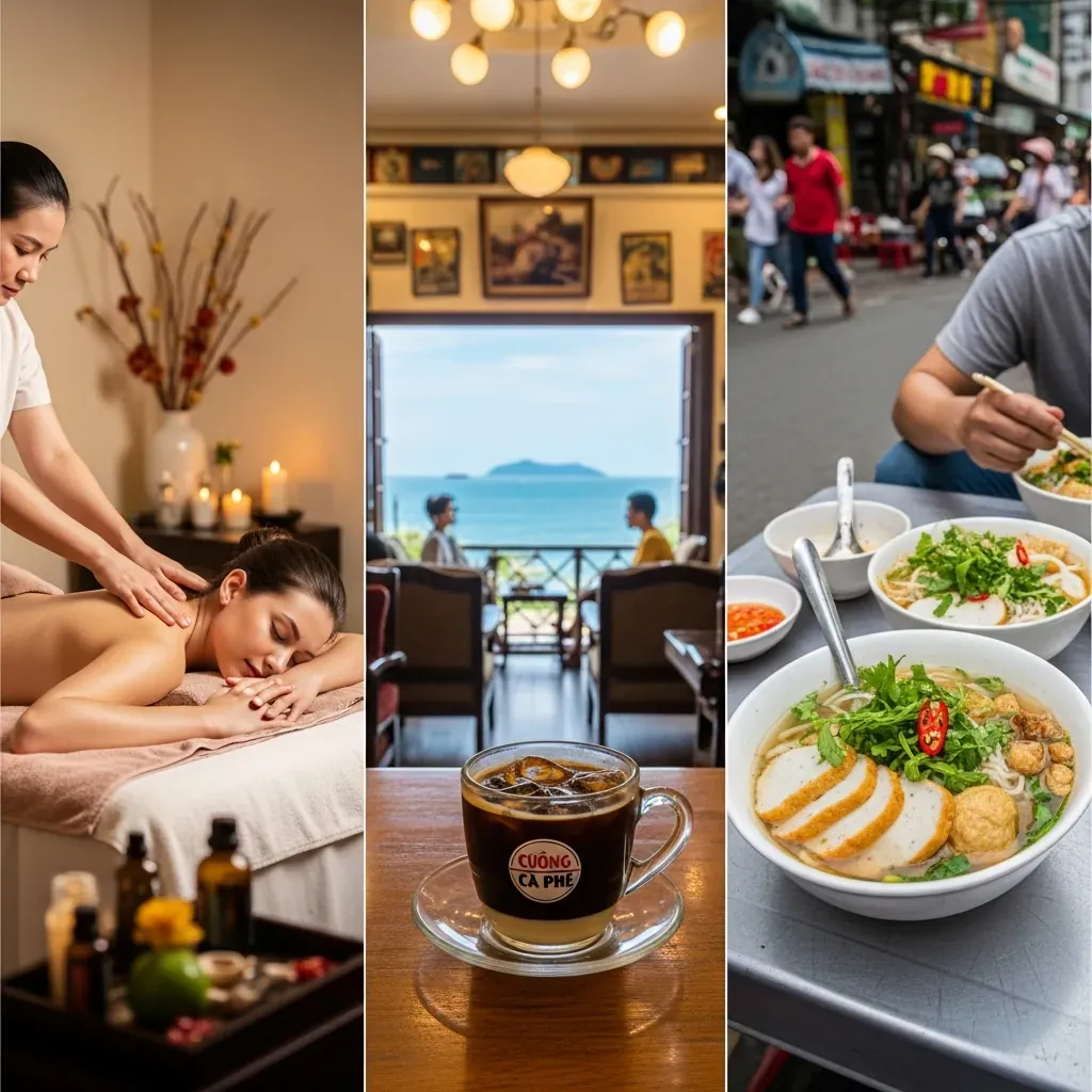 Hình ghép ba cảnh: massage lưng, cà phê cốt dừa view biển, tô bún chả cá đường phố.