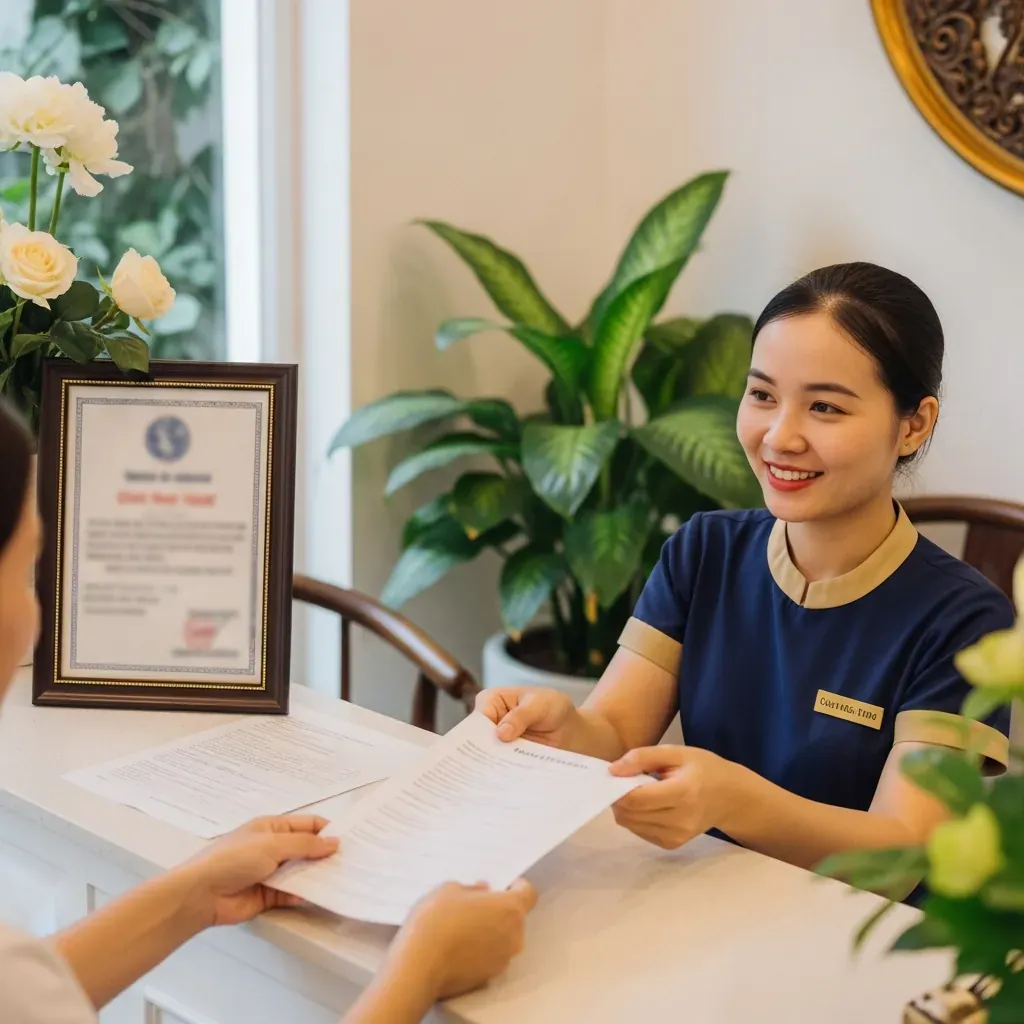 Lễ tân spa người Việt niềm nở tiếp đón khách tại quầy với cây xanh và giấy phép trên tường (mờ).