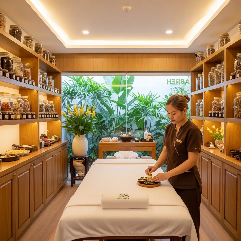 Nội thất ấm cúng của Herbal Spa với trang trí thảo dược Việt Nam và bàn massage trắng.