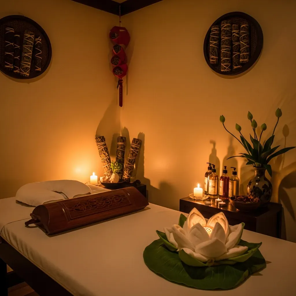 Phòng massage nhỏ xinh tại Herbal Heritage Spa, ánh nến và chai dầu thảo dược.