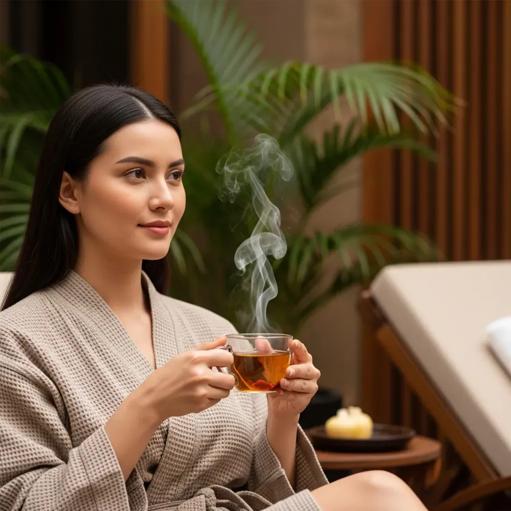 Phụ nữ Việt thư giãn uống trà thảo mộc nóng sau buổi massage, nền mờ cây xanh.