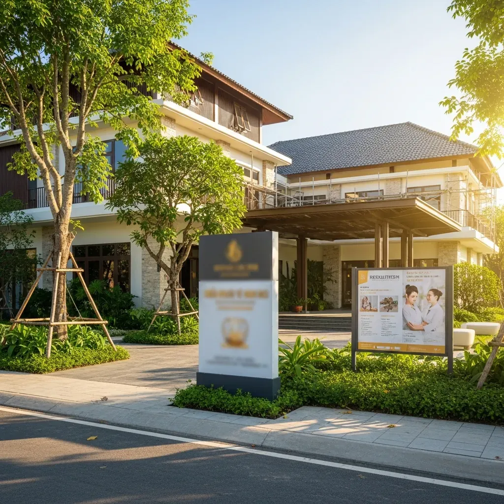 Tòa nhà spa hiện đại đang hoàn thiện tại số 35 Morrison, cây xanh bao quanh.