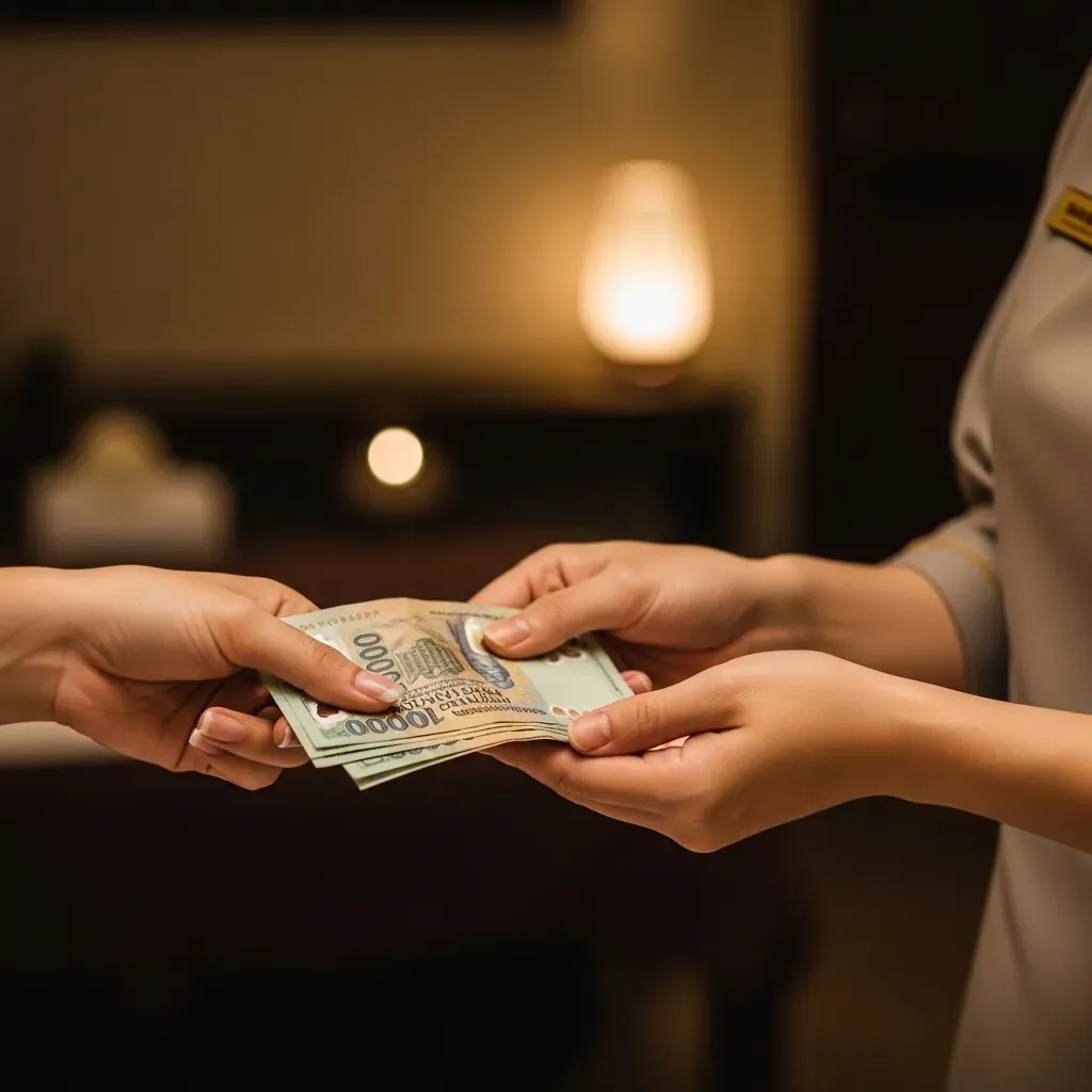 Bàn tay khách đưa tiền tip cho kỹ thuật viên, cử chỉ lịch sự và tế nhị.