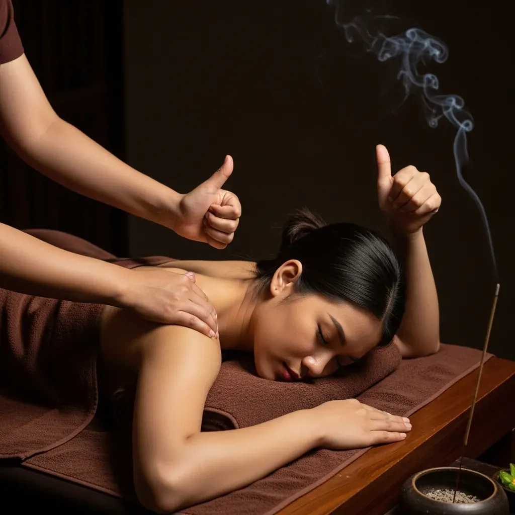 Khách hàng ra hiệu điều chỉnh lực massage với kỹ thuật viên, không gian ấm áp.