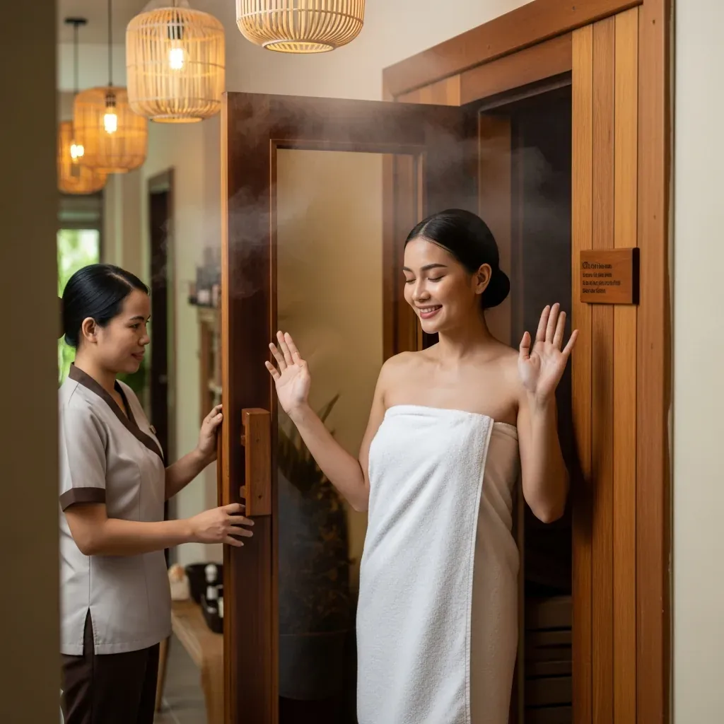 Khách từ chối sử dụng phòng xông hơi một cách lịch sự, nhân viên đồng ý.