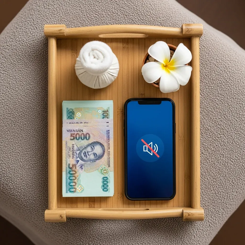 Khay tre đặt tiền tip và điện thoại ở chế độ im lặng chuẩn bị cho buổi spa.