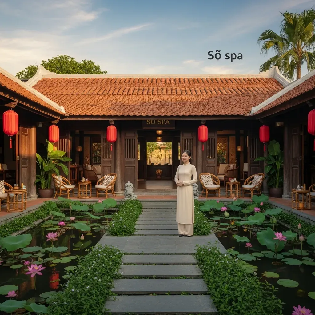 Không gian sân vườn Sứ Spa Nha Trang với kiến trúc nhà cổ Hội An, hồ sen và đèn lồng vải.