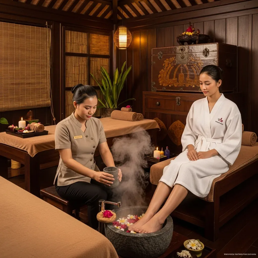 Nghi thức ngâm chân thảo dược tại Sứ Spa với chậu đá và nước ấm, không gian gỗ ấm cúng.
