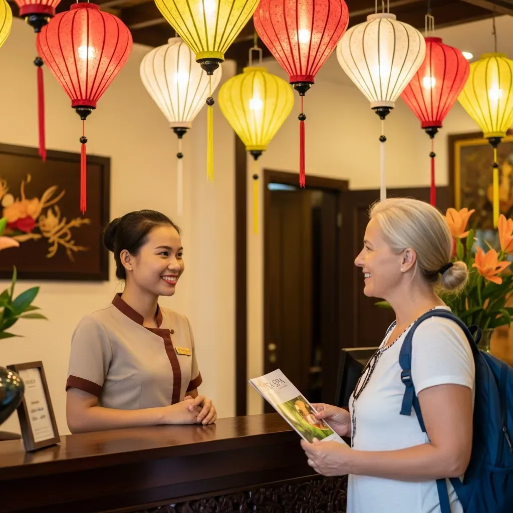 Nhân viên lễ tân người Việt giao tiếp tiếng Anh với khách du lịch quốc tế.