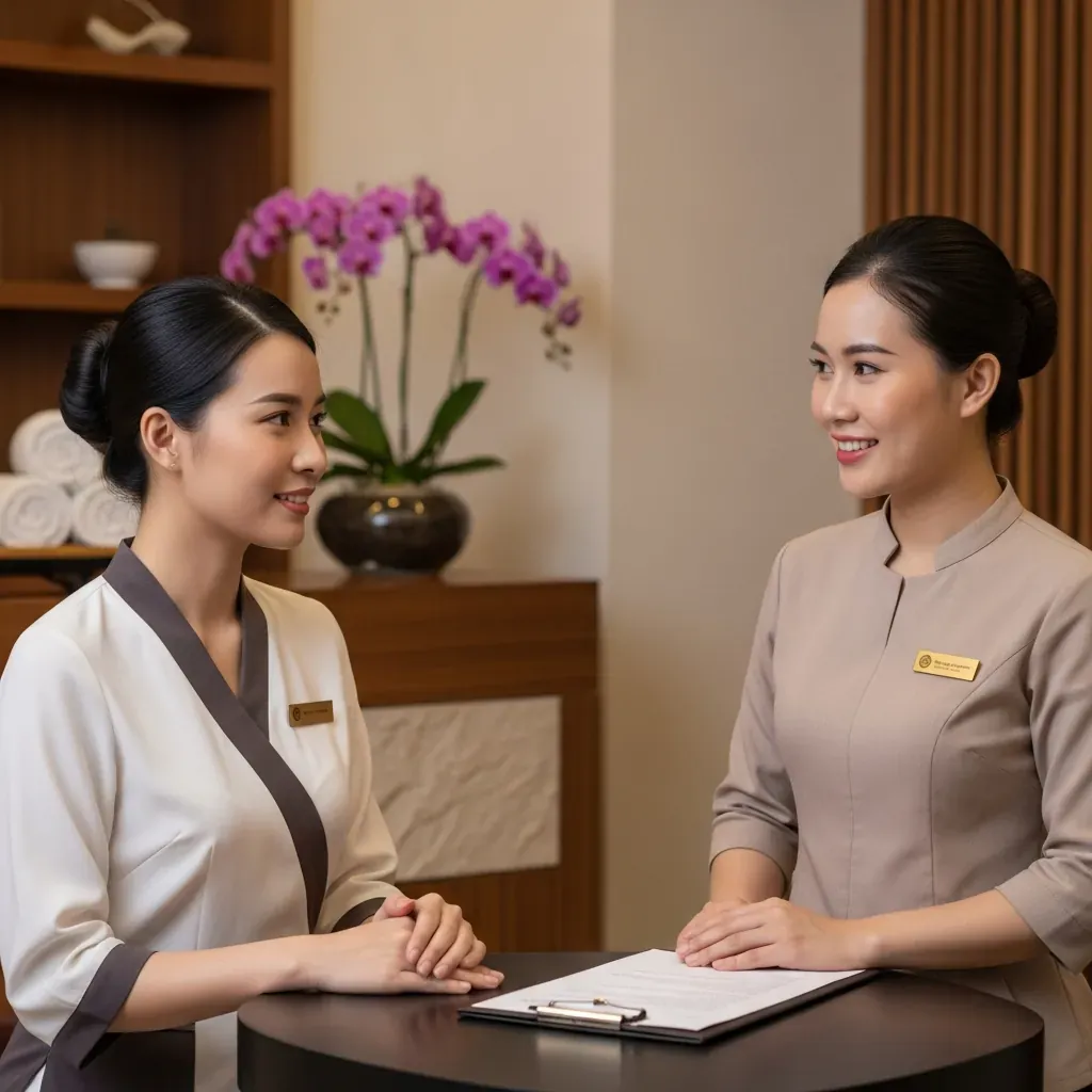 Khách hàng và quản lý spa trao đổi nhẹ nhàng