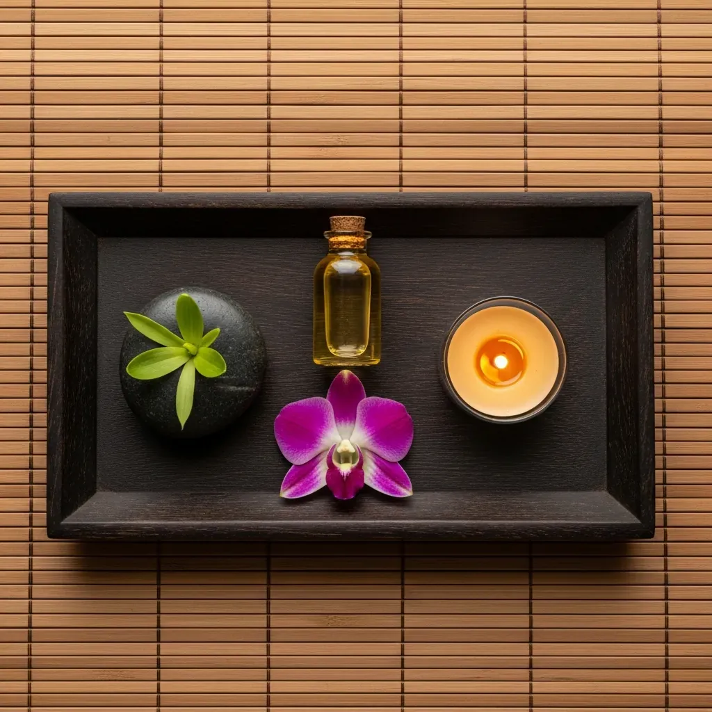 Minh họa dịch vụ spa với đá, tinh dầu và hoa