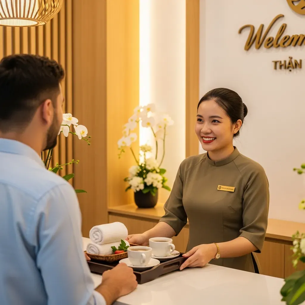 Nhân viên lễ tân chào đón khách tại Well Spa