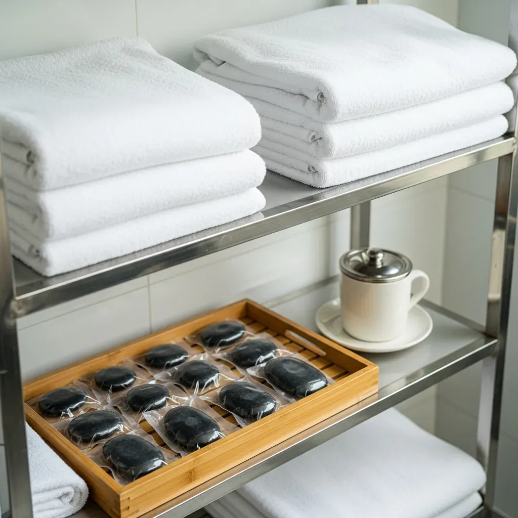 Kệ đựng khăn trắng sạch, đá nóng bọc kín và cốc xông đậy nắp trong spa.