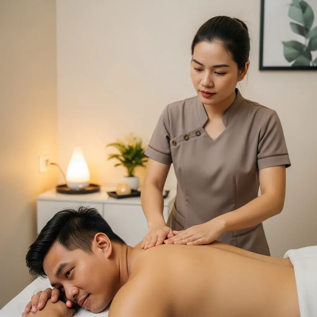 Khách hàng nam nằm sấp nhận massage cổ vai, quay đầu giao tiếp với kỹ thuật viên nữ.