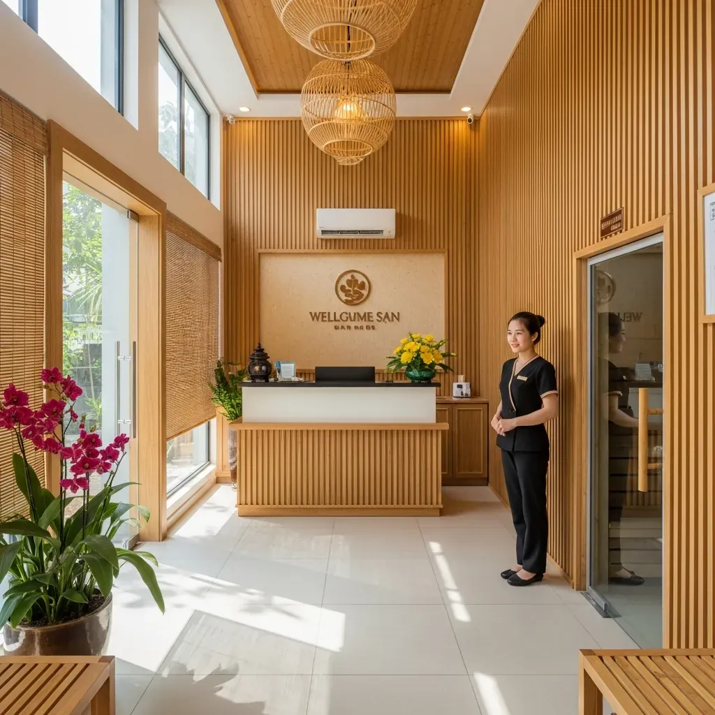 Không gian sảnh đón tiếp của một spa xông hơi massage hiện đại, sạch sẽ tại Cầu Giấy, Hà Nội.