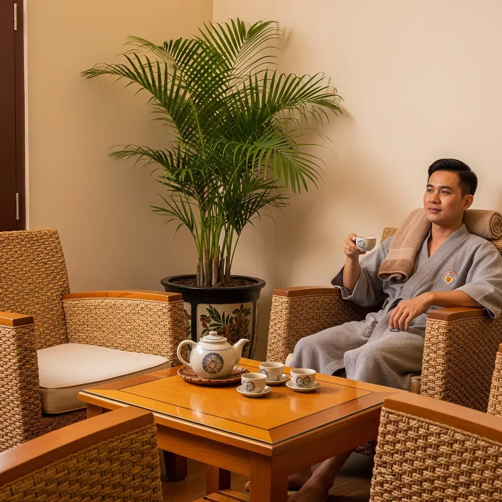 Khu vực nghỉ ngơi với ghế mây, trà thảo mộc và khách đang thư giãn sau xông hơi.