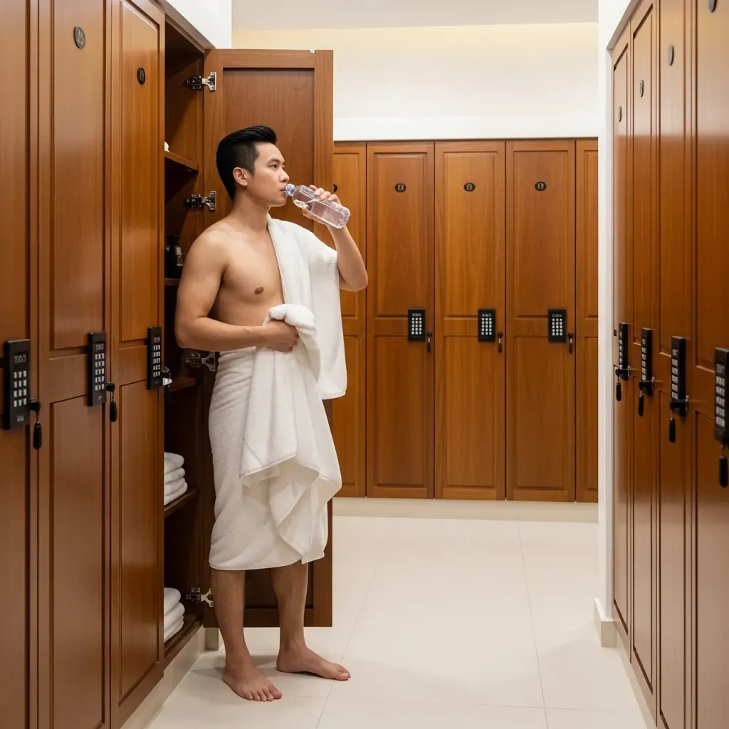 Nam giới người Việt trong khu vực thay đồ của spa, cầm khăn và nước uống trước khi xông hơi.