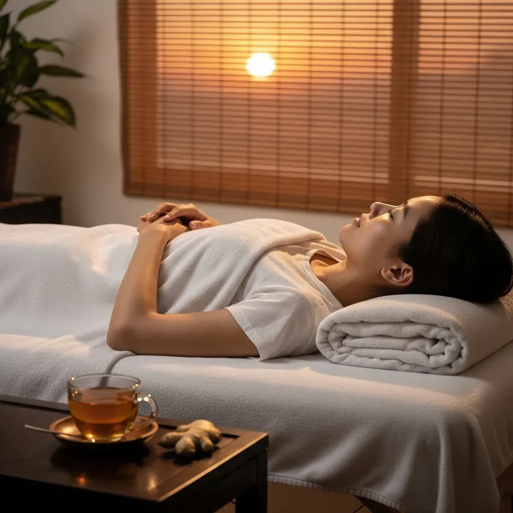 Người phụ nữ Việt nằm nghỉ sau liệu trình massage, ly trà gừng ấm bên cạnh, ánh sáng dịu nhẹ.