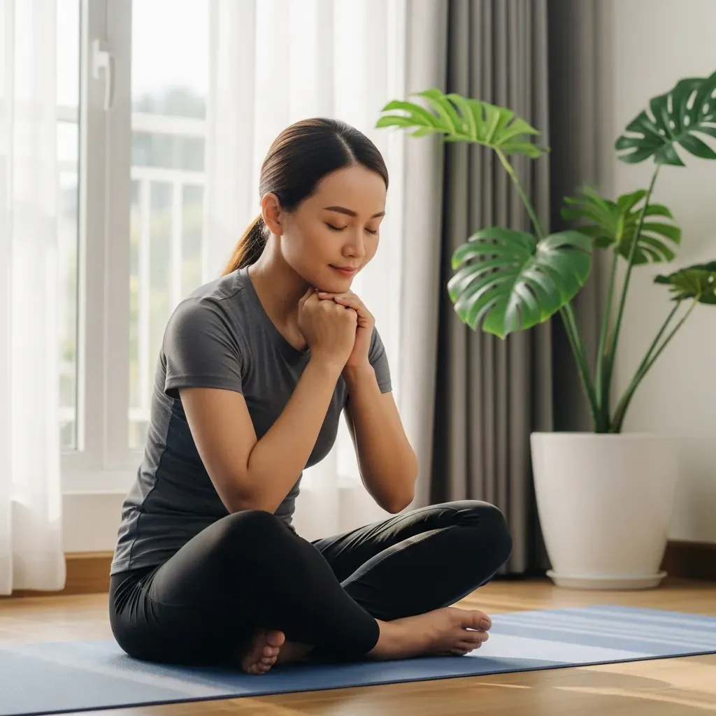 Người phụ nữ Việt thực hiện động tác gập cằm chạm ngực tại nhà.