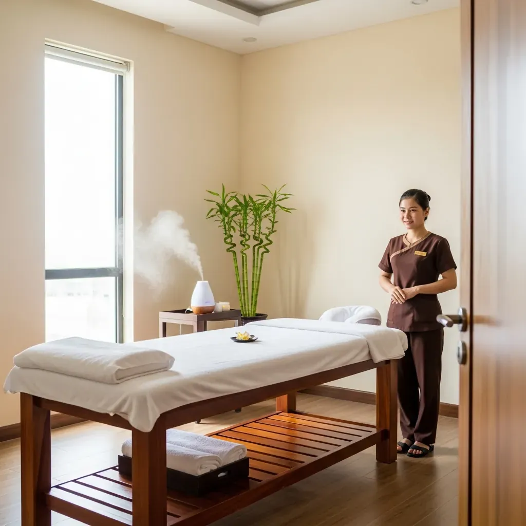 Phòng massage sạch sẽ, sáng sủa với bàn trị liệu và kỹ thuật viên mặc đồng phục kín đáo.
