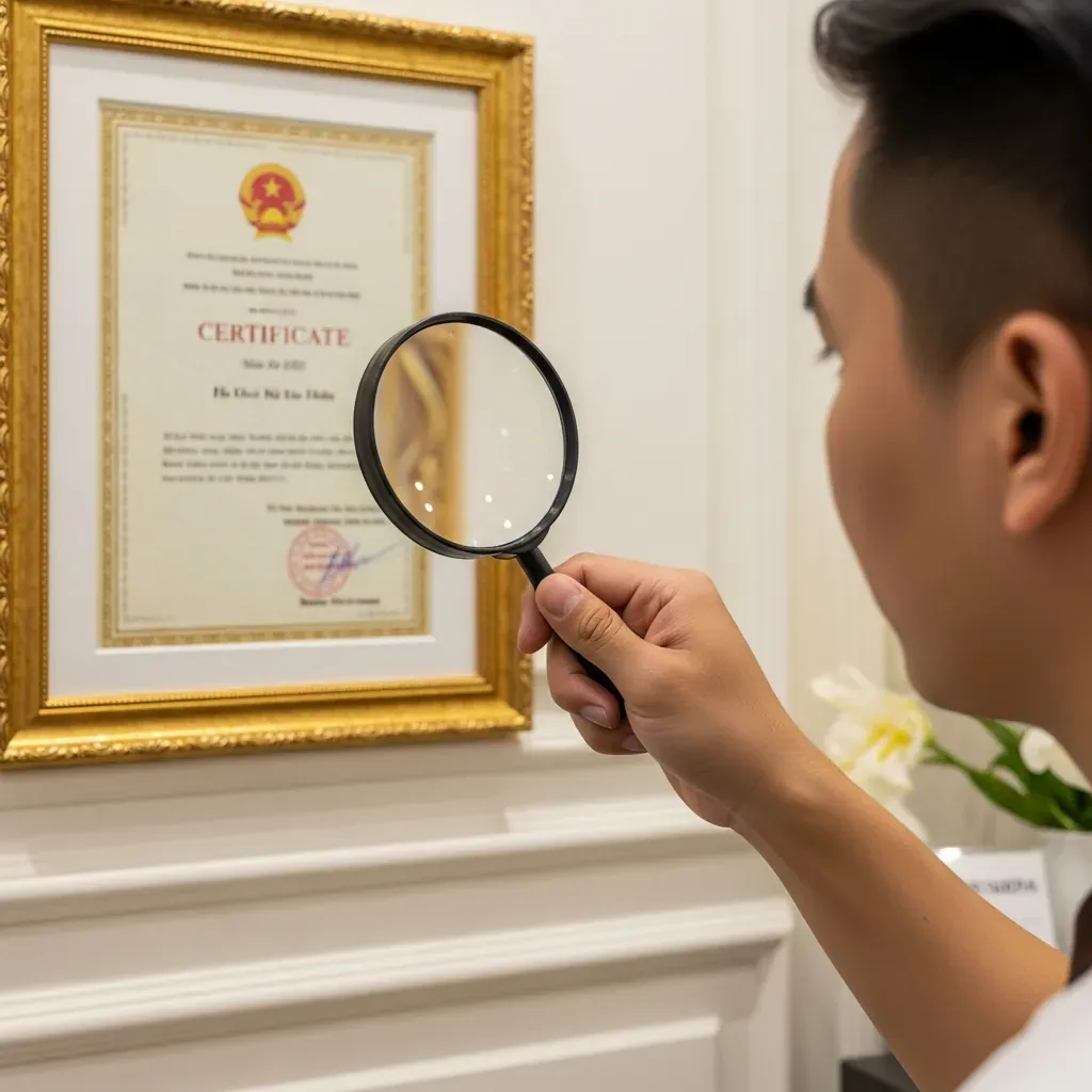 Cận cảnh bàn tay người đàn ông đang soi kính lúp vào giấy phép treo tường tại spa.