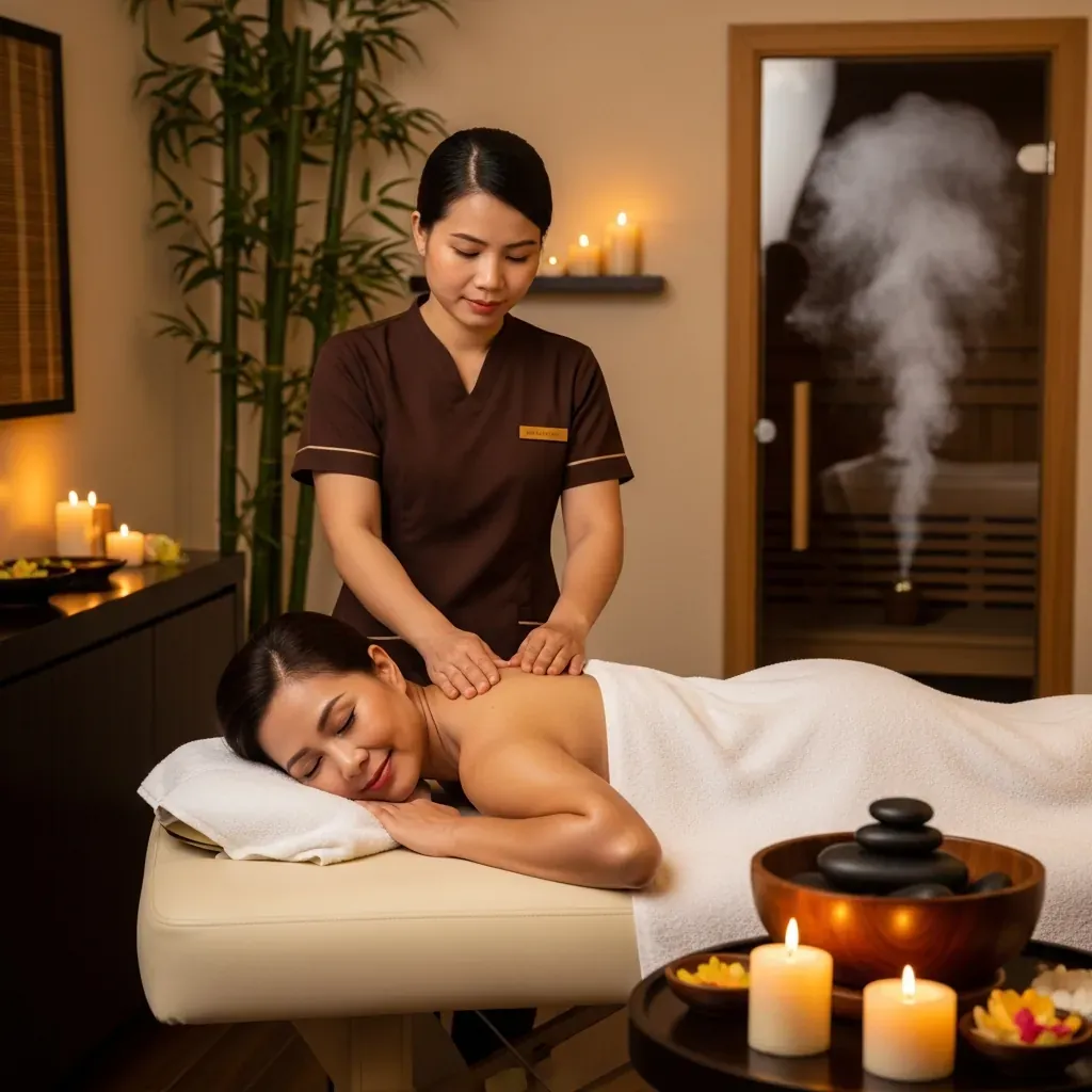 Khách nữ người Việt đang được massage lưng bằng tinh dầu tại một spa lành mạnh.