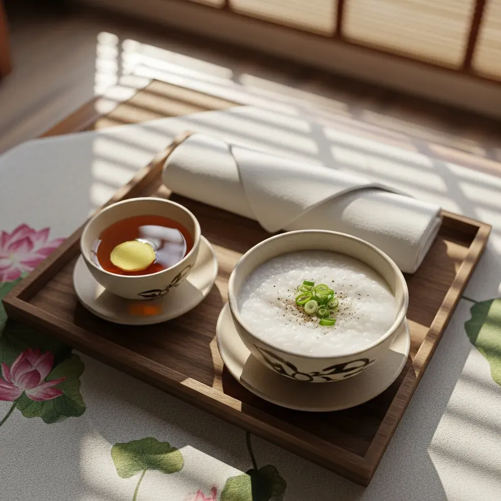 Khay đồ ăn nhẹ gồm cháo trắng và trà thảo mộc tại một spa lành mạnh.
