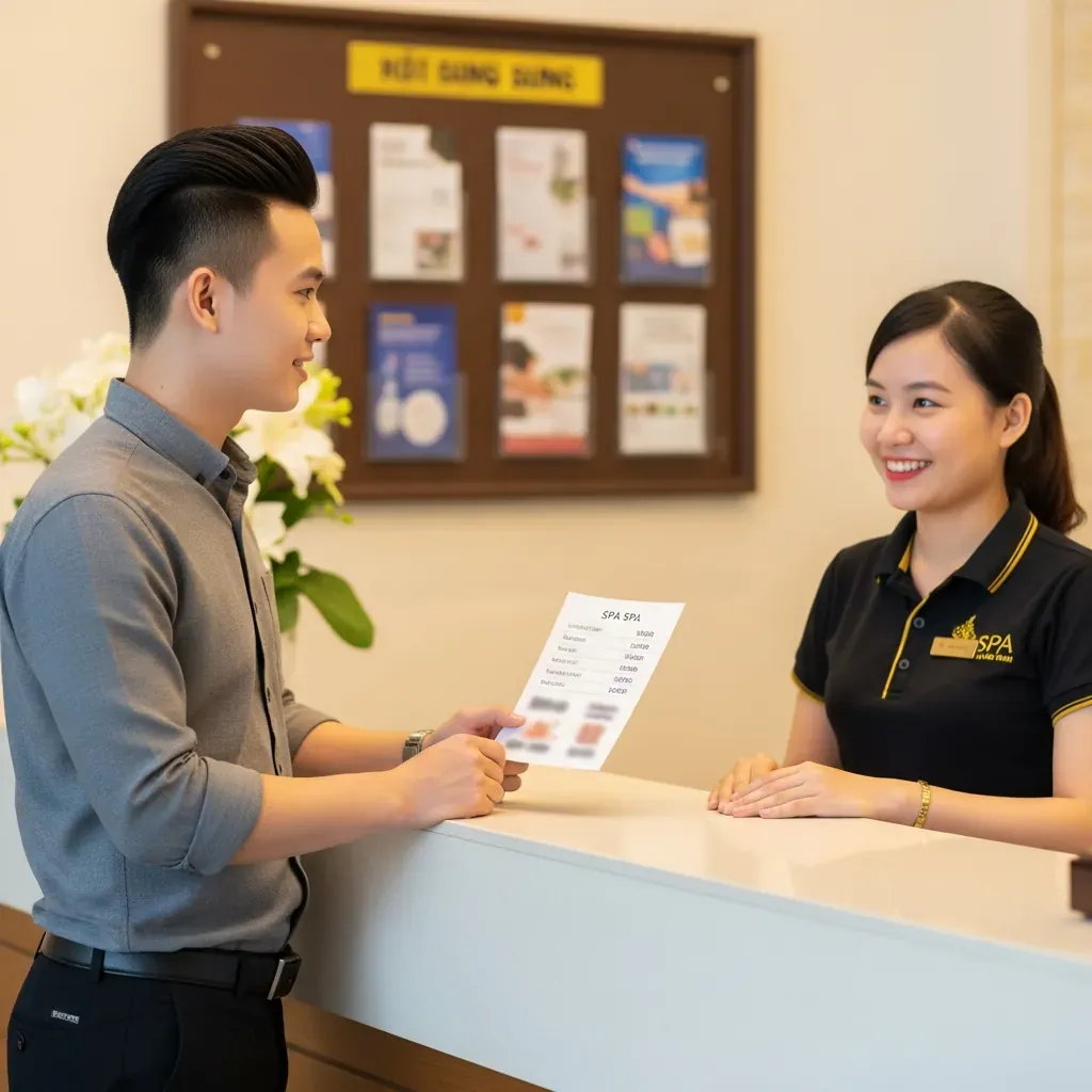 Nam giới Việt Nam đang hỏi thông tin tại quầy lễ tân spa, sẵn sàng trải nghiệm lần đầu.