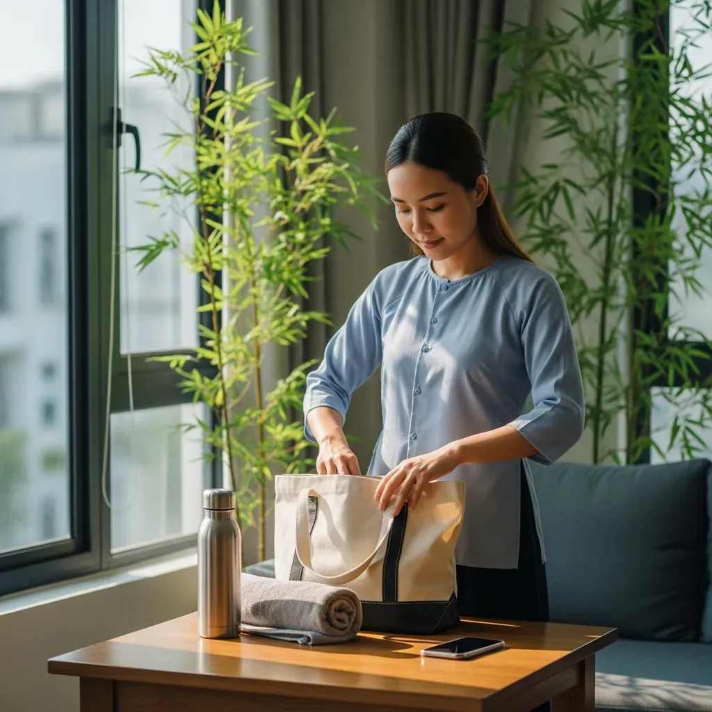 Người phụ nữ Việt đang chuẩn bị đồ dùng cần mang đi xông hơi massage.