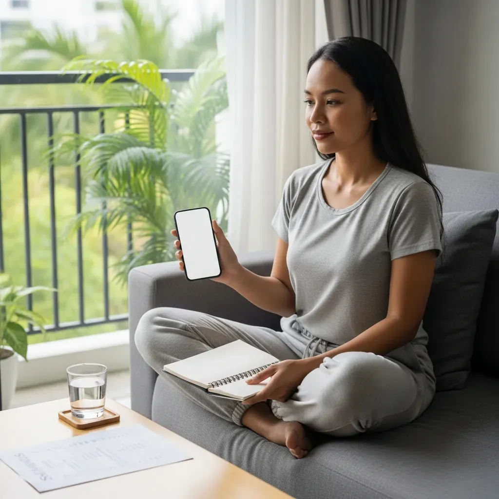 Người phụ nữ Việt Nam ngồi chuẩn bị phương án dự phòng cho buổi đi spa, với điện thoại và sổ tay.