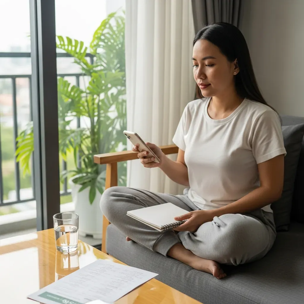 Người phụ nữ Việt Nam ngồi chuẩn bị phương án dự phòng cho buổi đi spa, với điện thoại và sổ tay.