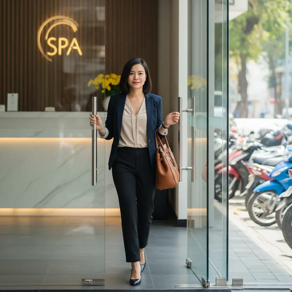 Người phụ nữ Việt Nam rời khỏi một spa với vẻ mặt quyết đoán, đảm bảo an toàn.